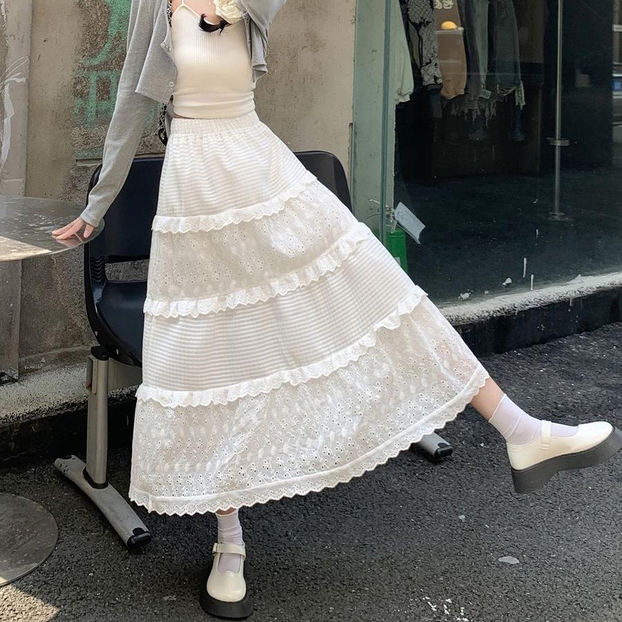 Women's Princess-Style White Lace Midi Skirt - A-line, Tiered, Flared, Spring/Summer Design