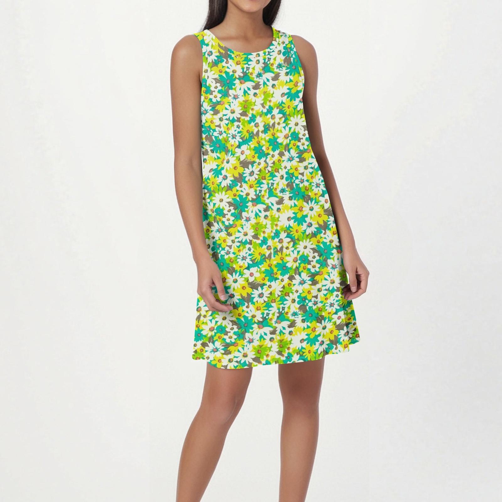 Women s Fashion Beach Dress Sleeveless Round Neck Floral Print Dress L зелёный