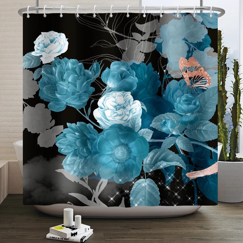 Floral Duschvorhang für Badezimmer Vintage Blume Schmetterling Wasserdichter Stoff Boho Badewanne Badezimmervorhang Mit Haken 180x240
