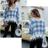 BITCED Women's Oversized Cropped V-Neck Sweater Women's Knit Sweater with Fringe for Fall/Winter