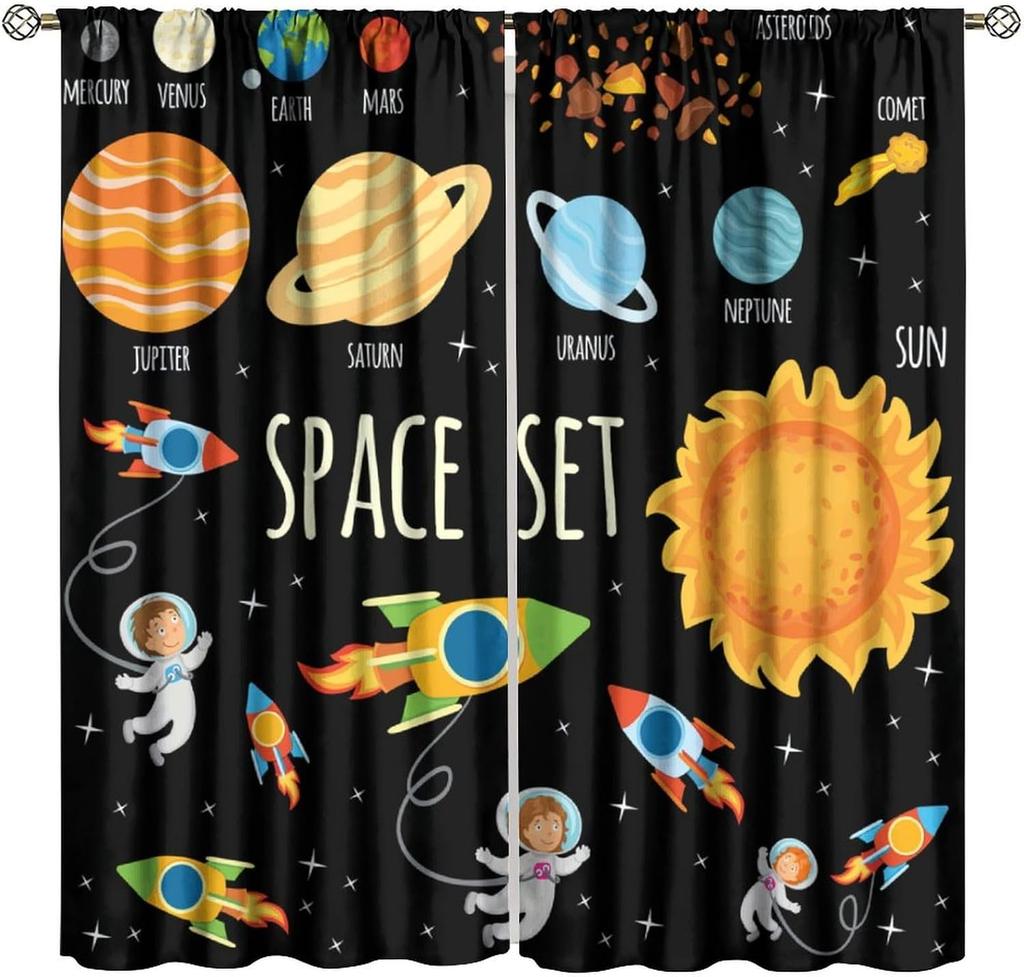 Solar System Window Curtains, Outer Space Space Astronaut Galaxy Window Treatments for Kids Boys Girls Bedroom Living Room