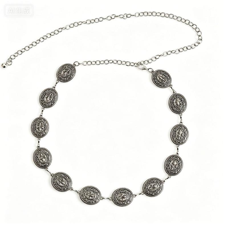 1PC popular ethnic style old ancient silver waist chain, retro carved round brand design versatile clothing accessories