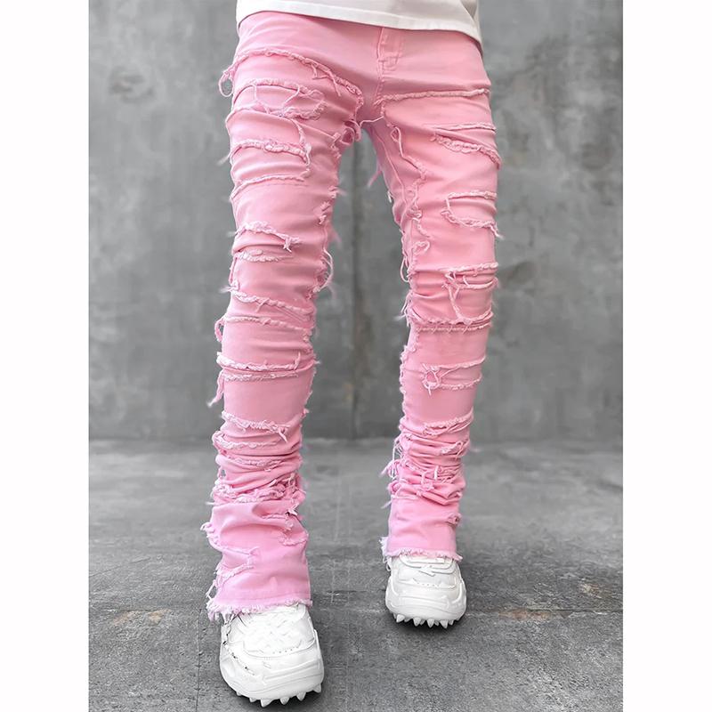 Men's Fashion Patch Jeans Slim Stretch Micro Lapped Straight Trousers