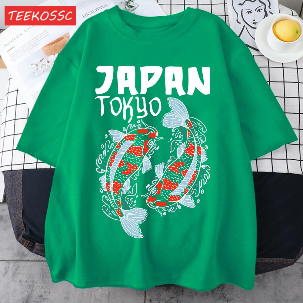 Harajuku Japan Tokyo Koi Print Man TShirt Summer New Loose Short Sleeve ONeck Cotton T Shirts Trendy Unisex AllMatch Clothes