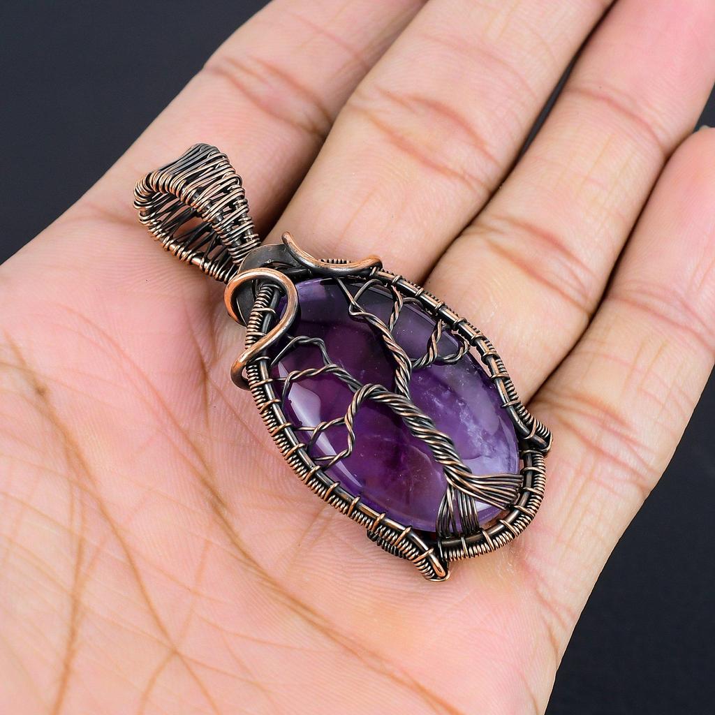 Amethyst Pendant Gemstone Jewelry, 999 Copper Wire Wrapped  Pendant, Gift For Women Handmade Pendant