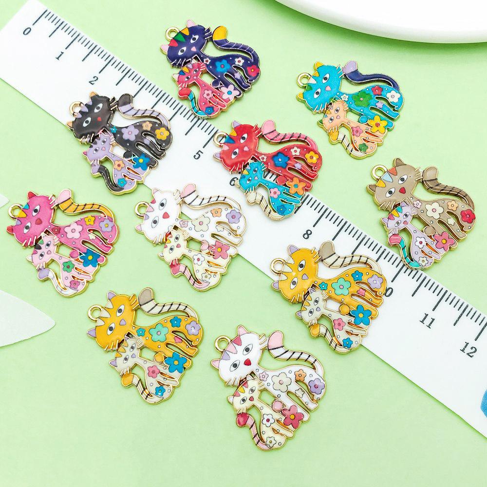 10 Color Enamel Alloy Cartoon Cat Charms Pendants for DIY Jewelry