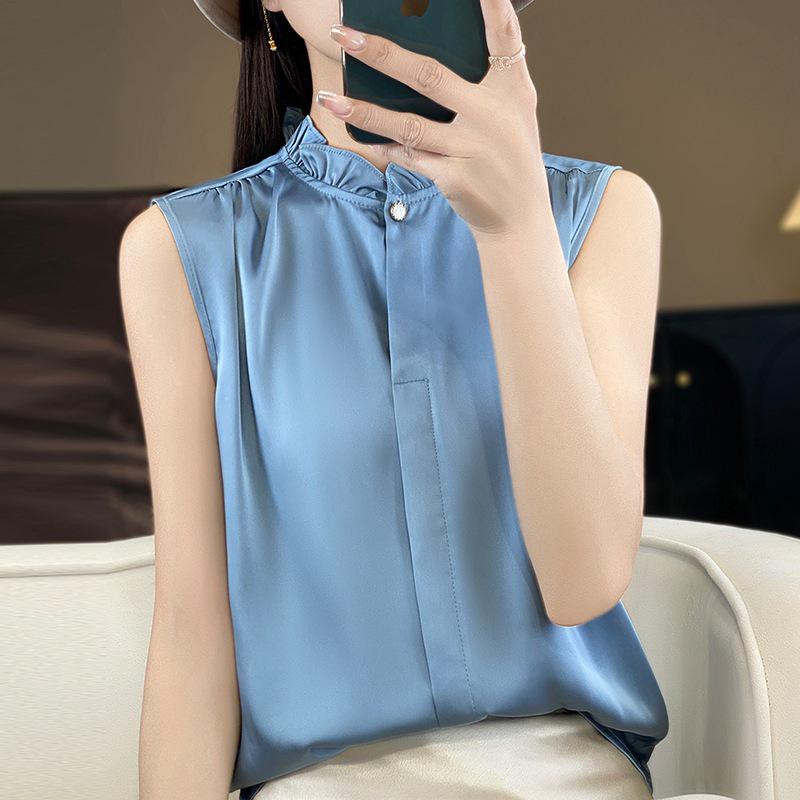 Elegant Satin Stand Collar Sleeveless Layered Shirt for Women