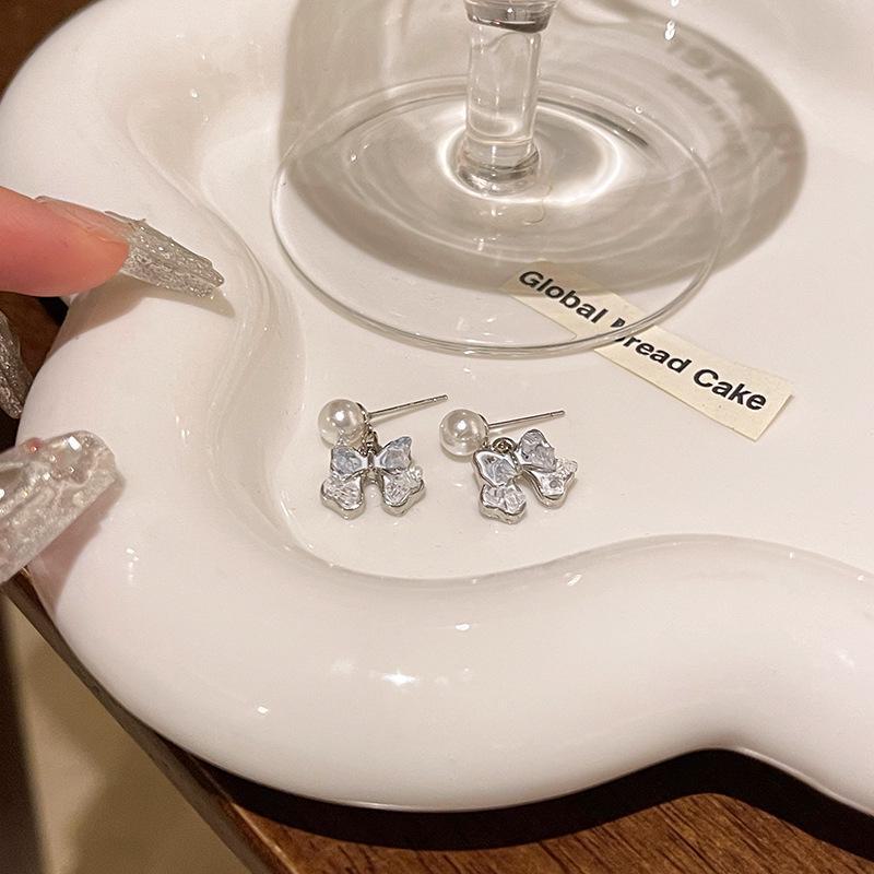 Korean Crystal Diamond Flower Pearl Earrings for Women - S925 Silver Luxury Design
