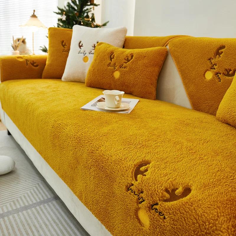

Чехол для дивана из плюша с овечьей шерстью, универсальный нескользящий коврик для дивана, рождественская вышивка, полотенце для дивана, подушка для гостиной в форме буквы L 70x70cm 1pcs