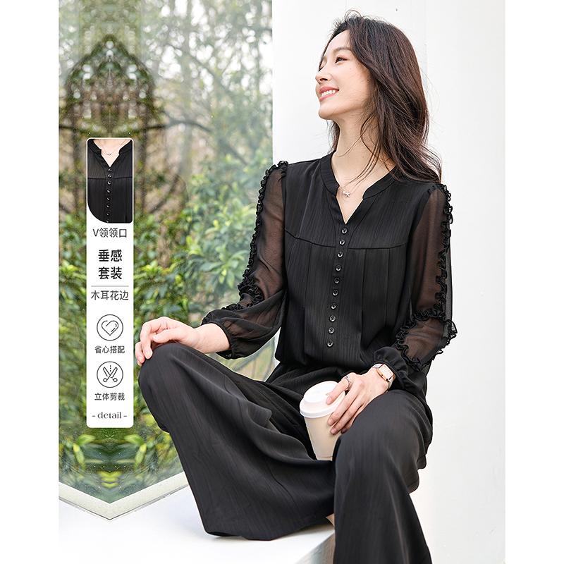 Fashion suit women's spring new style, high-end and elegant, slim and wide leg pants two-piece set