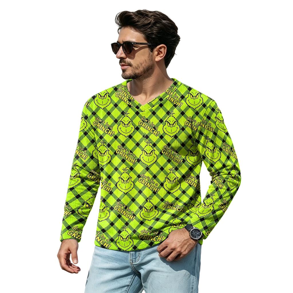 Men's Casual Christmas V-Neck T-Shirt Comfortable Loose Fit Street Printed Top