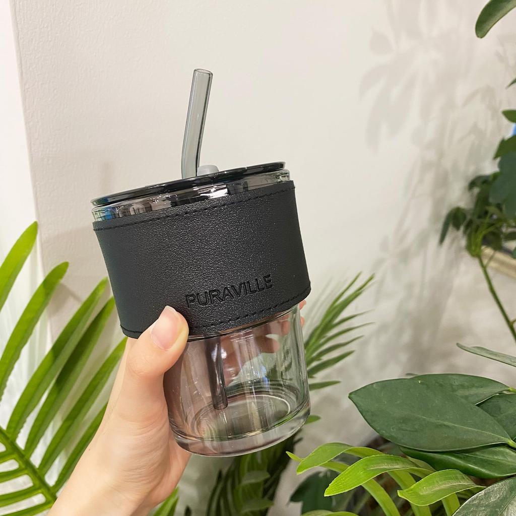 2-Pack 13.5oz/400ml Iced Coffee Cups with Lids and Straws, Glass Tumblers Thick Wall Coffee Mug with Insulated Sleeves,Amber