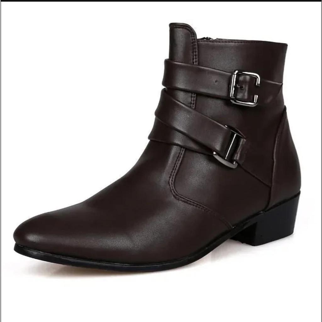 Botines Chelsea de Tobillo para Hombre Primavera Otoño Punta Puntiaguda Aumento de Altura Western Top Alto Zapato Casual Cuero PU 2025