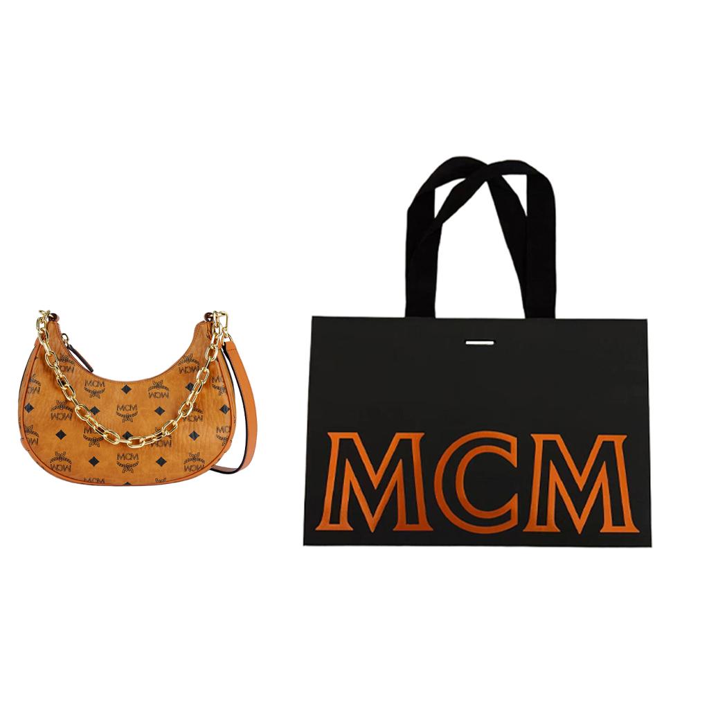 New MCM Aren Coated Canvas Crescent Bag, Shoulder Bag, Handbag Small Women's Brown & Cognac MWHCATA11CO001