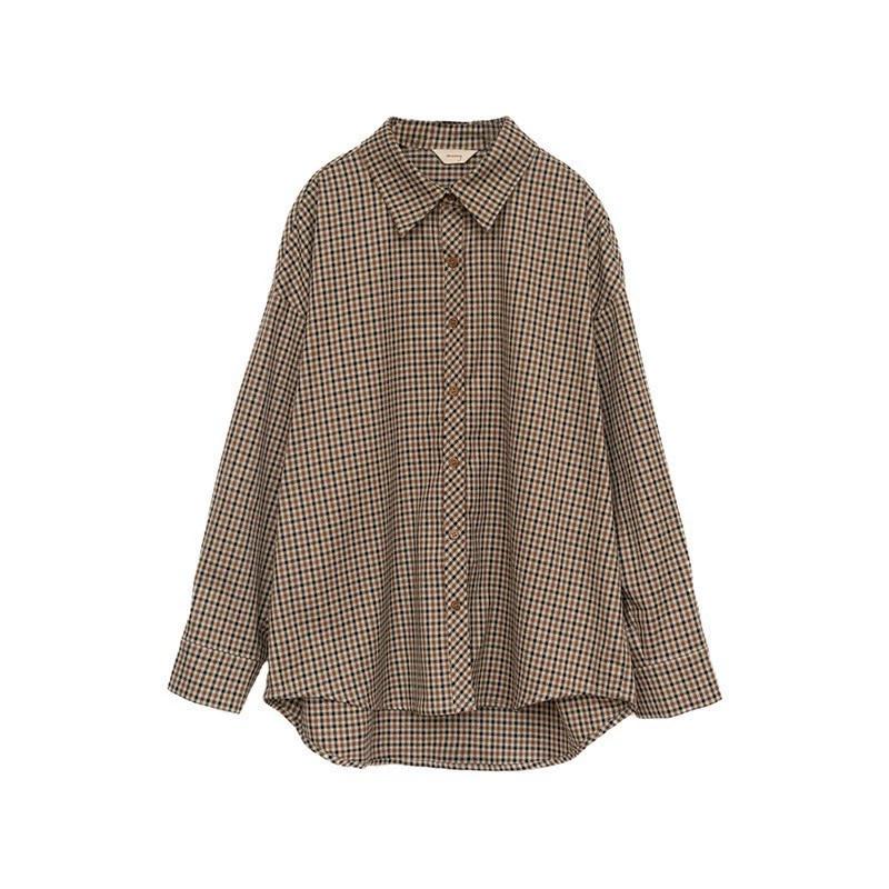 Plaid Shirts Women Retro Turn-down Collar Blouses All-match Straight Hong Kong Style Button Up Elegant Long Sleeve Outwear Femme