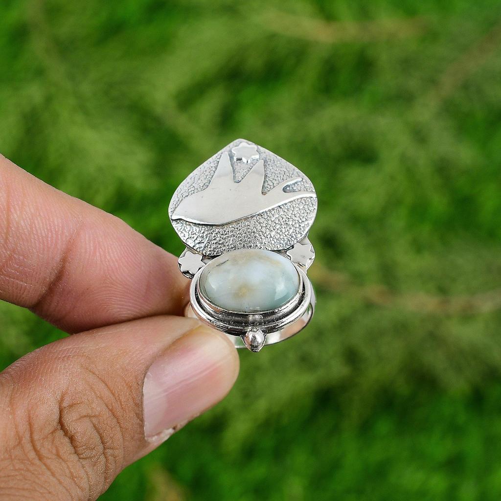 Gift For Women Promise Bird Adjustable Ring 925 Silver Natural Larimar Gemstone
