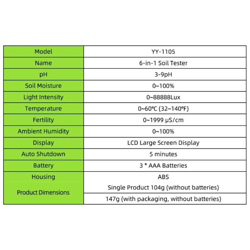 6 In 1 Soil Testing Meter Set Measure Humidity Acidity Sunlight And Heat For Gardening Farm And Greenhouse Indoor Plant