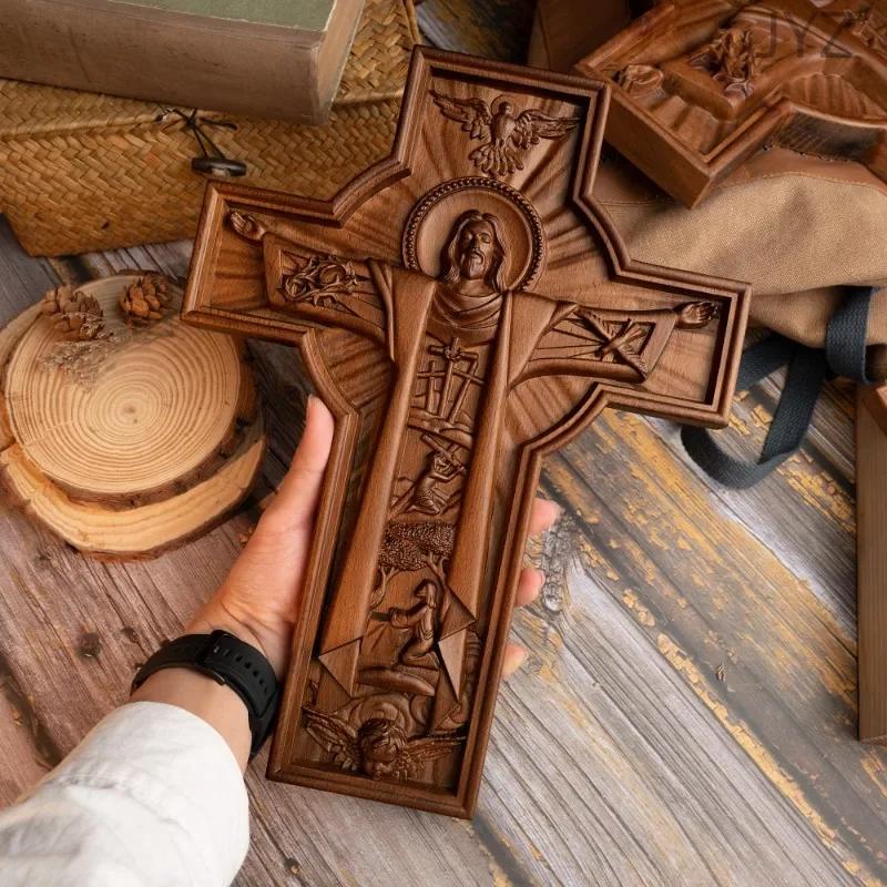 Vintage Wooden Easter Catholic Cross Jesus Statue, Interior Religious Wall Decor Baptismal Gift