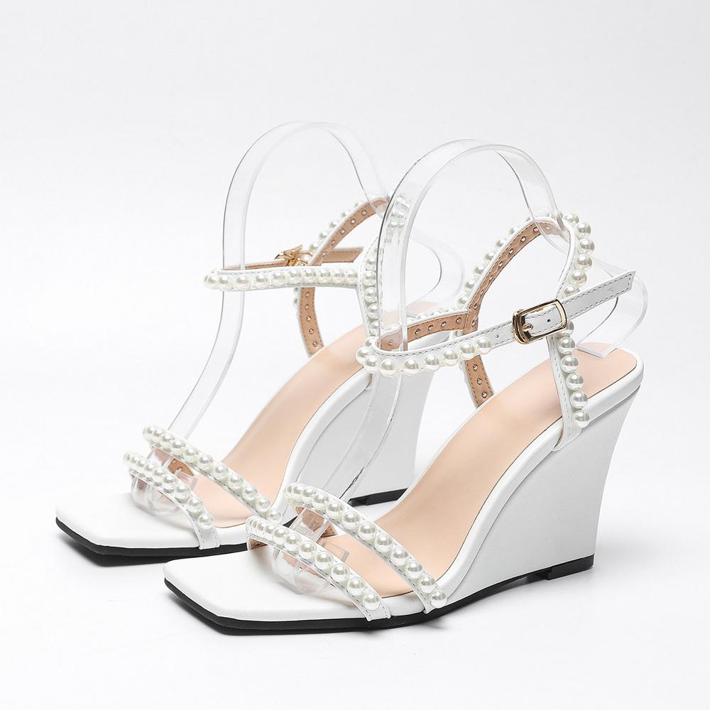 Fashion FHC Women's Wedges High Heeled Sandals,Fashion Pearls Strap Summer Shoes,Ankle Buckle,Open Square Toe,White,Dropship