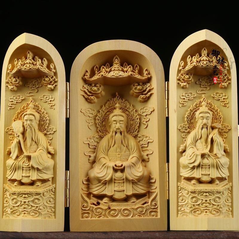 Boxwood Western Tři svatí Buddha Guanyin Masivní dřevo Přenosná třípanelová řezbovaná ozdoba