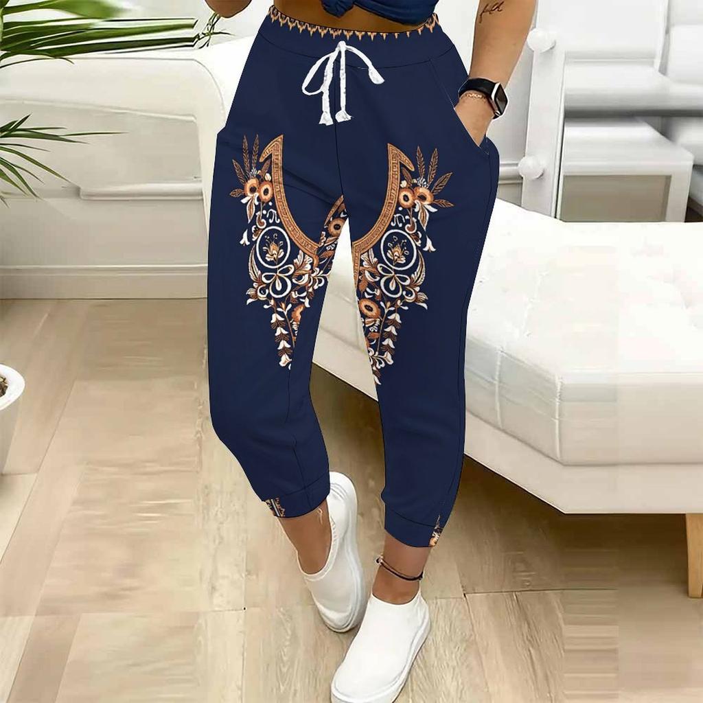 Summer Ladies Blue and White Porcelain Ink Wash Printed Sweatpants Loose Fit Drawstring Joggers Elastic Cuff Daily Casual Pants