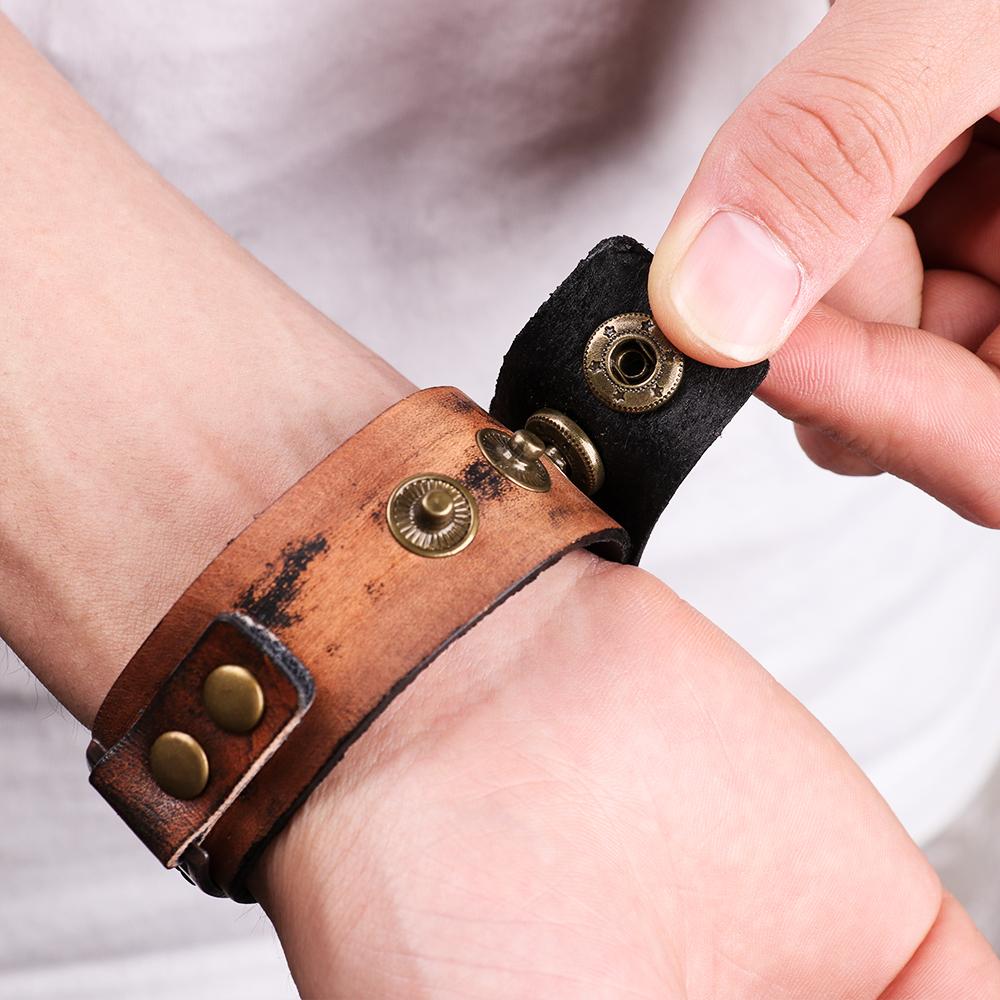 Vintage Brown  Wide Cuff Bracelet Leather Wristband Punk Snap Bracelet Wrap Bangle