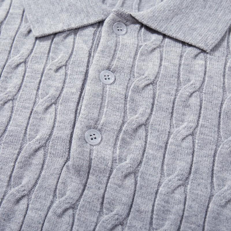 Mens Solid Cable Knit Polo Sweater Loose Fit Streetwear Vibe