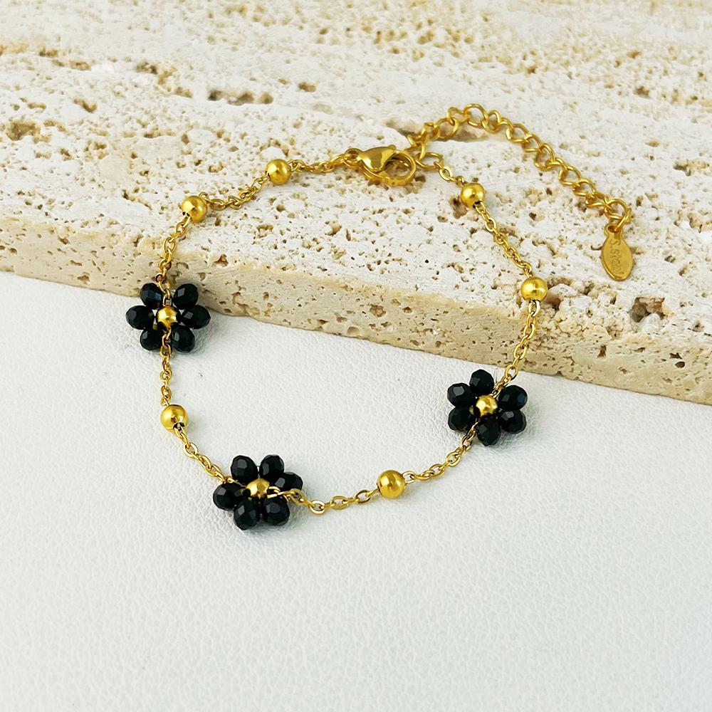 

ALTERA Богемский ручной работы Шарм из черного кристалла в виде цветов с набором цирконов для женщин, Позолоченная цепочка из бусин из нержавеющей стали, Циркон Пляж
