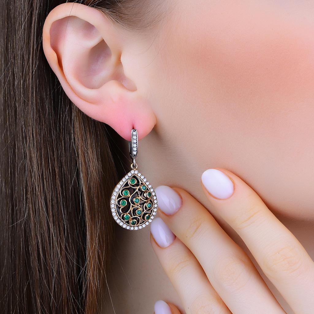 Sada stříbrných šperků 925K se smaragdovými kameny, kapkovitý osmanský design, jedinečný nápad na dárek pro ženy, sada autentických stříbrných šperků