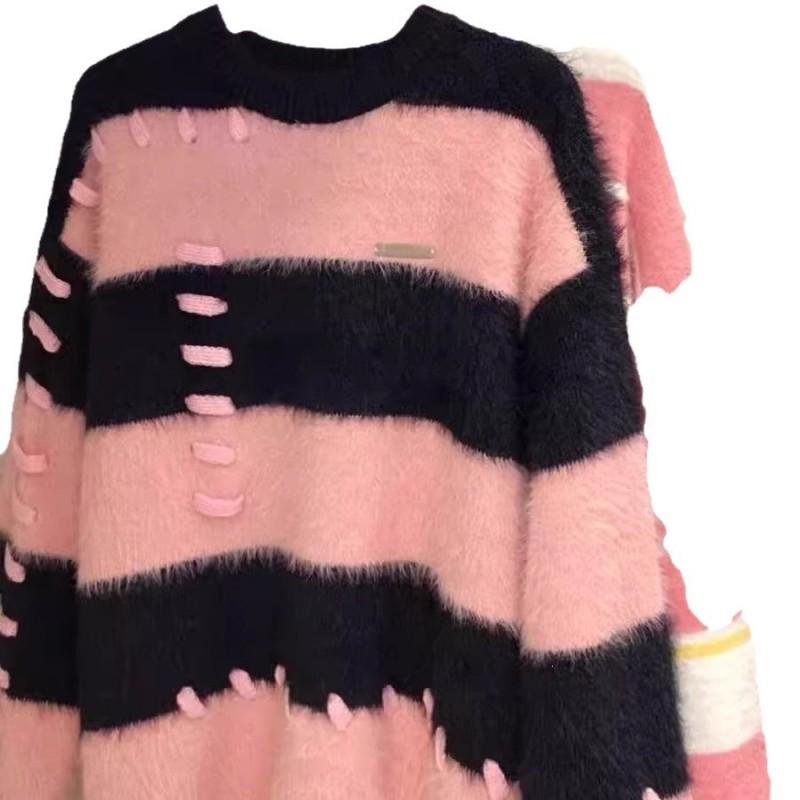 Winter Striped Crewneck Sweater Couple Knit Top Loose Fit Teen Casual Streetwear