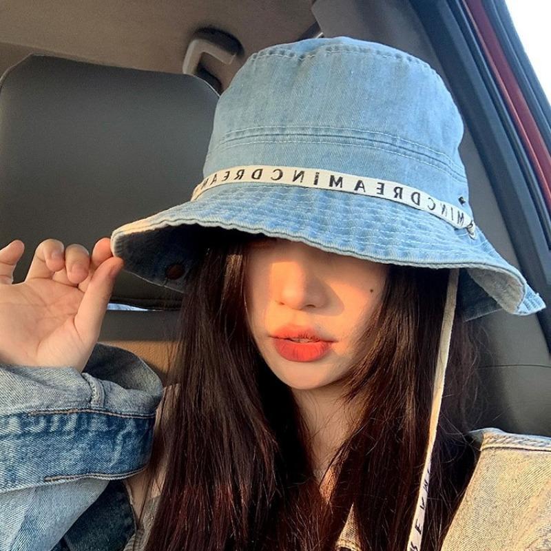 Strap bucket hat women's spring and autumn retro washed big eaves show face small plain basin hat high-end hat