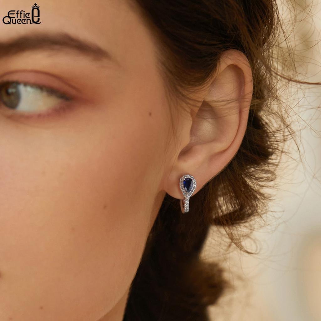 Effie Queen Opulent 925 Sterling Silver Hoop Earrings with Blue Stunning Water Drop-Cut Zirconia Elegant Jewelry for Women LZE16