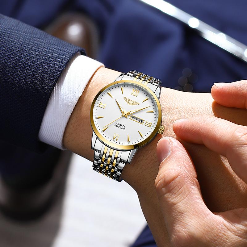 GUANQIN Men's Watches Business Fashion Stainless Steel Original Brand Quartz Wristwatch for Man Waterproof Luminous Date Week