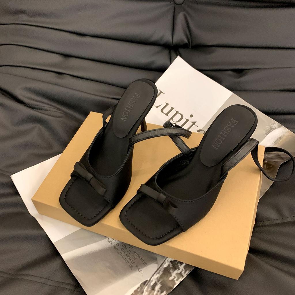 Niche black high heels bow cool slippers shoes new fashion outer wear