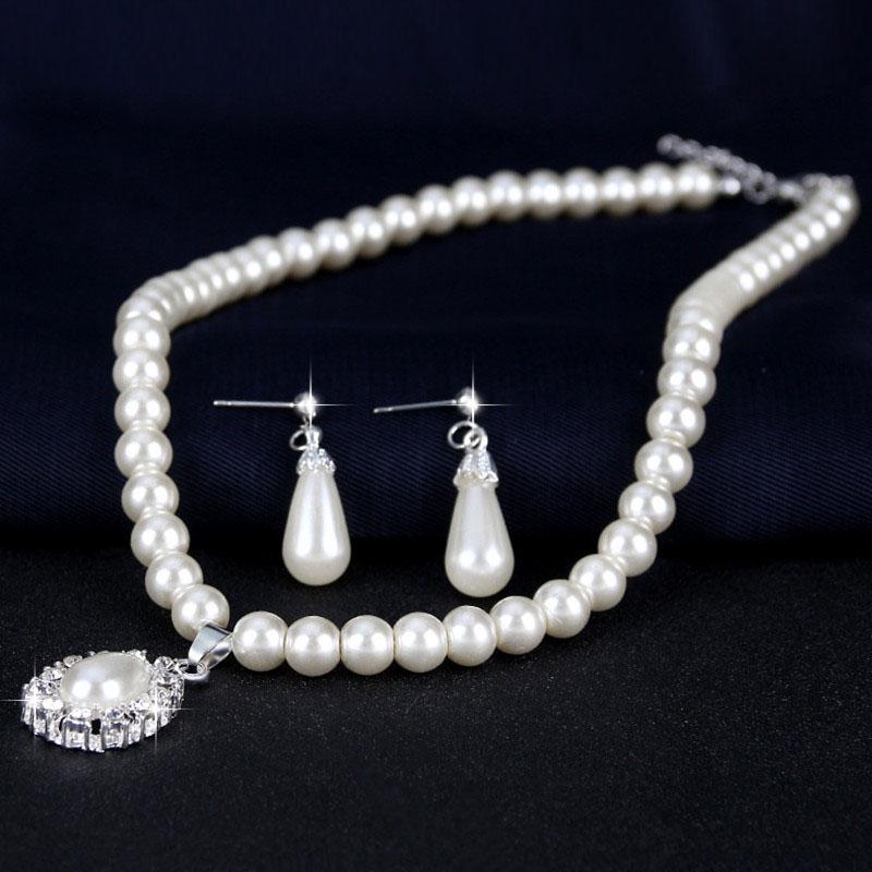 

Pearl Zircon Set for Women Water Drop Dangle Earrings Crystal Pendants Imitation Pearl Beads Necklaces femme brincos e colares