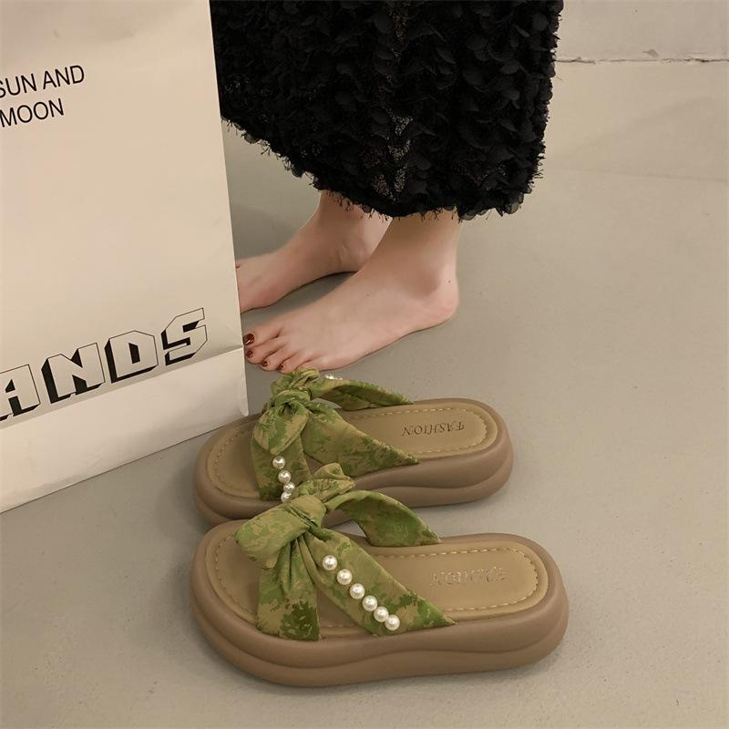 Bow Pearl Slippers Women's Summer New Outer Wear One-word Soft-bottom Sandals