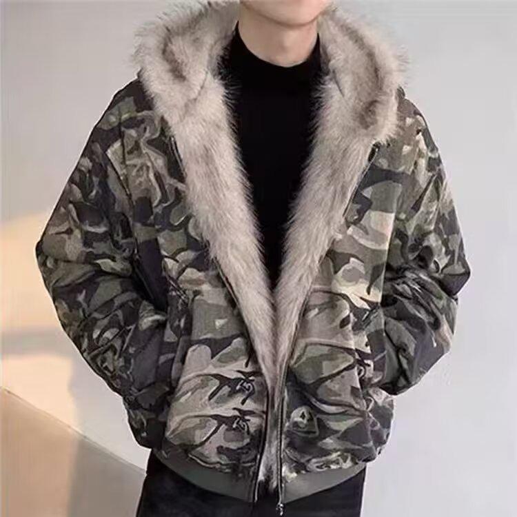 Men's Retro Camo Fur Collar Hooded Jacket - Thick, Loose Scoundrel Design