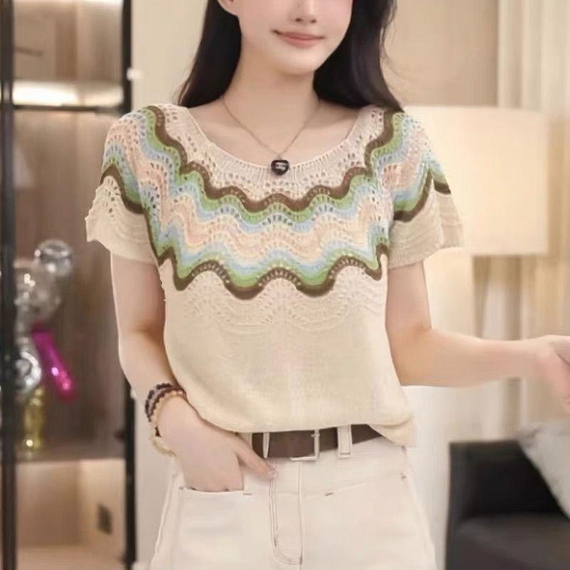 

Летняя женская ажурная трикотажная рубашка с коротким рукавом, с дизайнерским акцентом, тонкий свободный пуловер 2XL бежевый