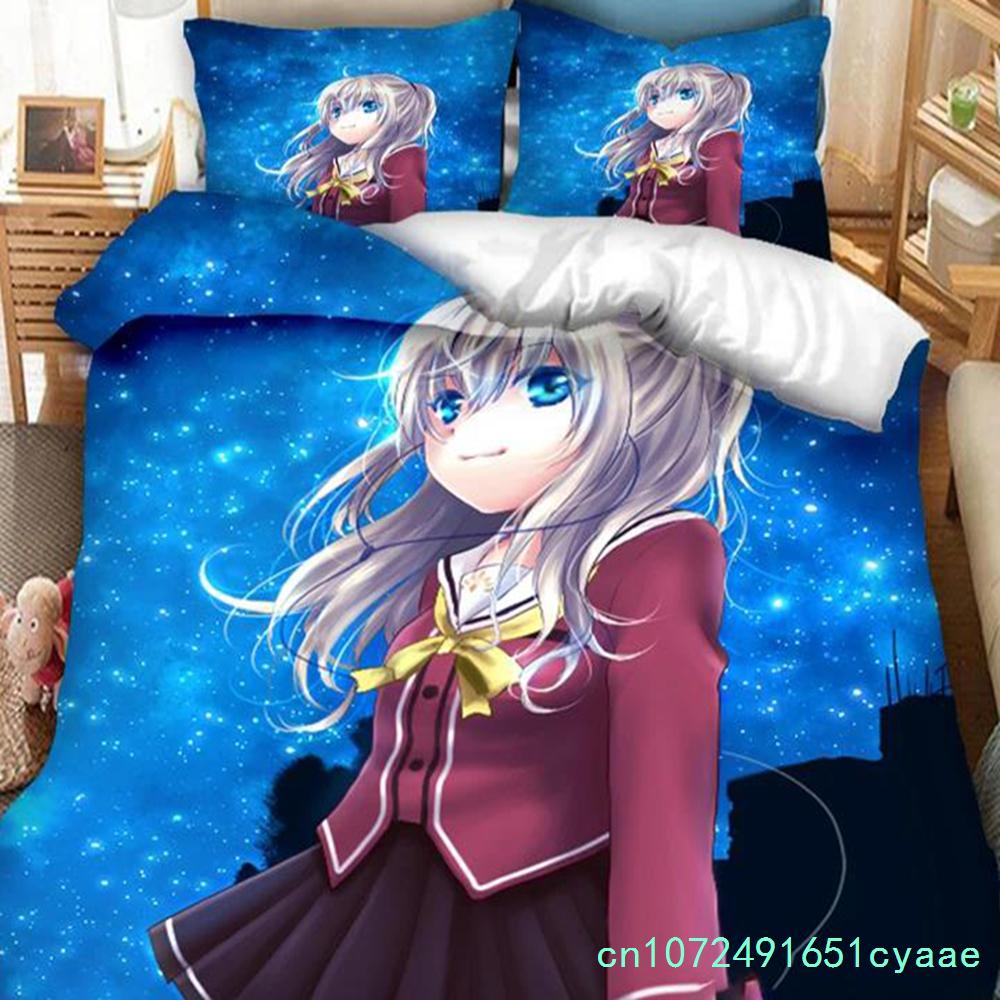 3 Stück einseitig bedruckte Bettbezüge Anime Charlotte bedruckte Bettwäsche-Sets Bequeme Tagesdecken Steppdecken Bettdecken Geburtstagsgeschenk