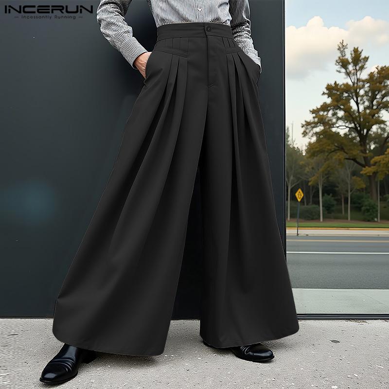 INCERUN Men Ruffled High Waist Trousers Casual Long Wide Legs Pants