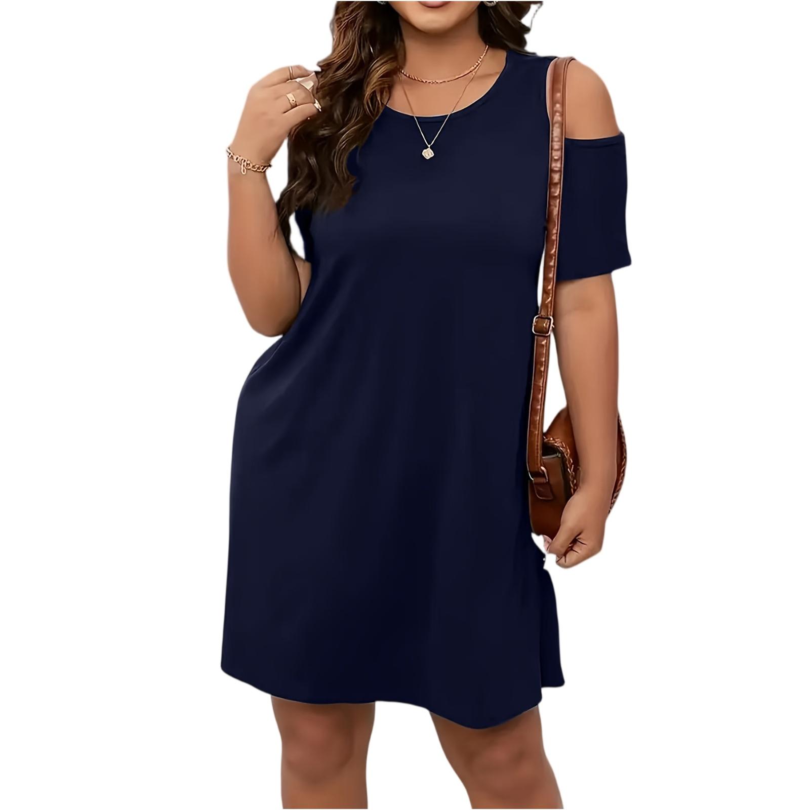 

Женское повседневное платье большого размера, свободного кроя, с круглым вырезом, коротким рукавом, с открытыми плечами XXXXL тёмно-синий