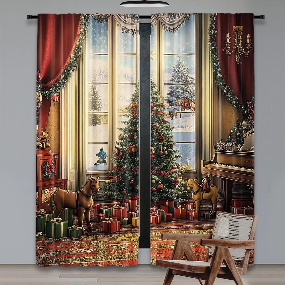 2Pcs Christmas Kitchen Curtains Vintage Ambiance Big Old Fashioned Window Xmas Tree Various Presents Suitable For Living Room