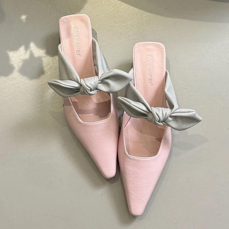 Fashion Sweet Butterfly-knot Low-heeled Slippers Women Elegant Pointed Toe Slingback Slide Sandals Comfort Concise Designer Office Shoes