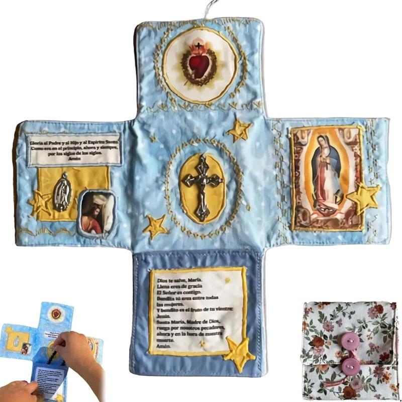 Handcrafted Pocket Shrine with Cross Included Inside,Faith Cross-Shaped Fabric Pouch Sewing Pocket with Saint Images Prayers