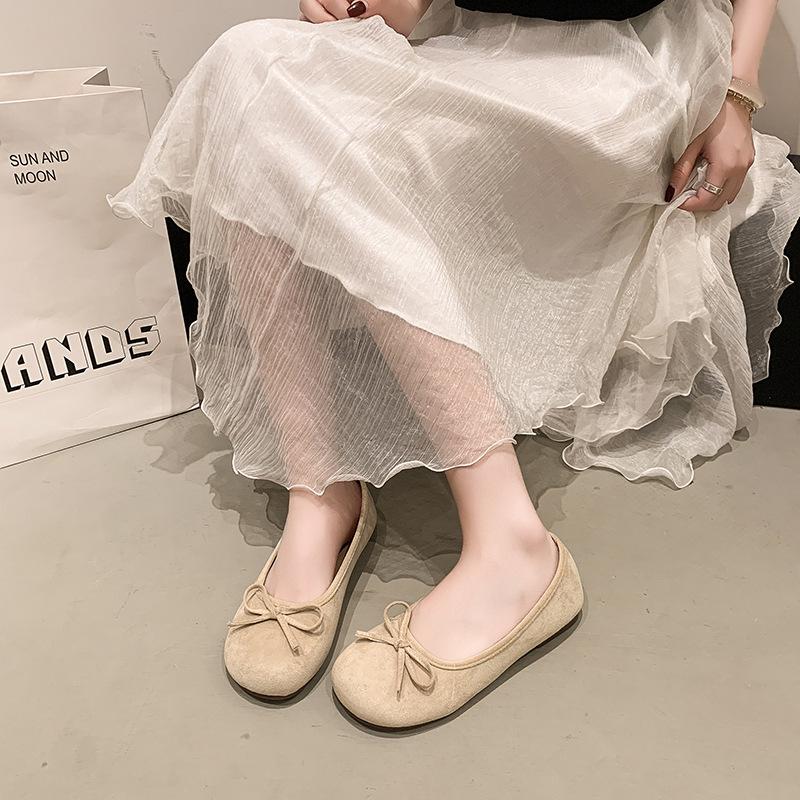 Französische Wildleder Schleife Ballerinas Frühling und Sommer neu sanfte Ein-Pedal weichgesichtige Damen Flats Tide