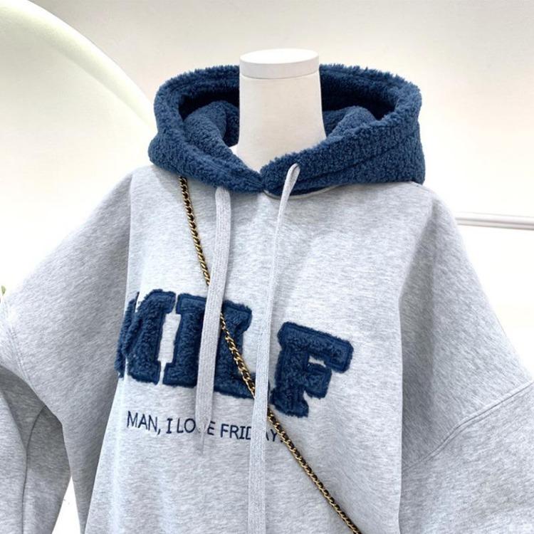 Thickened Padded Women's Loose Hooded Sweatshirt Faux Lamb Flannel Patchwork Clothing