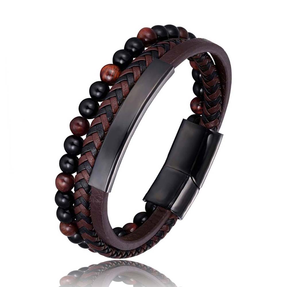 2025 Blue Stone Bracelet Genuine Blue Leather Braided Bracelet Stainless Steel Magnetic Clasp Tiger Eye Bead Bangles Men Jewelry