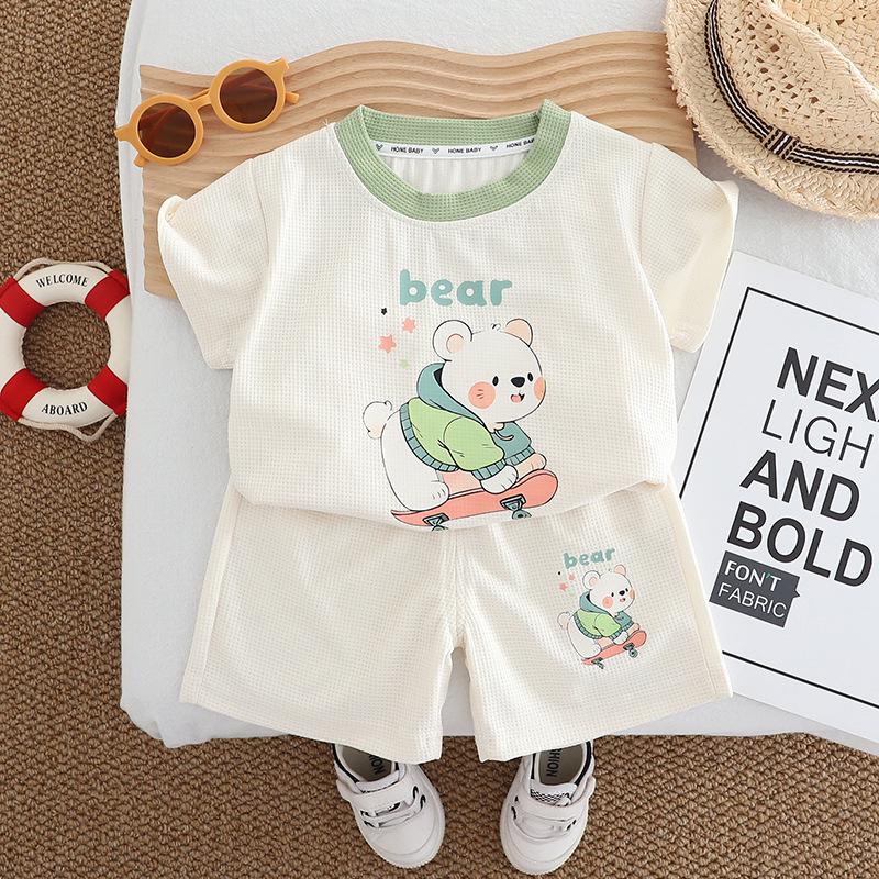 

2025 Летний вафельный комплект для новорожденного мальчика с круглым вырезом 80cm грязно-белый