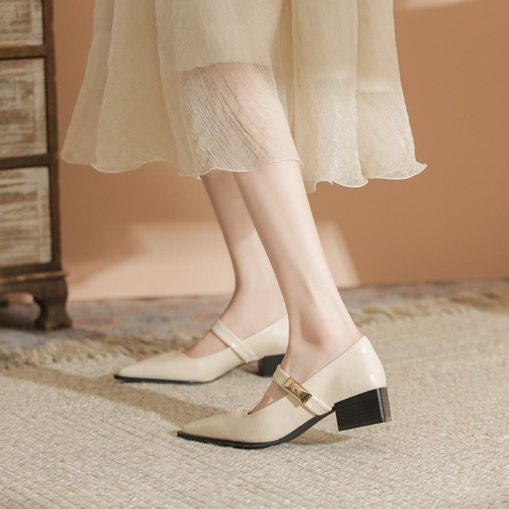 Sharp Pointed Pumps Women's Spring Autumn Thick Heeled Leather Shoes with A Mid Heel Shallow Mouth Versatile Short Pumps Women