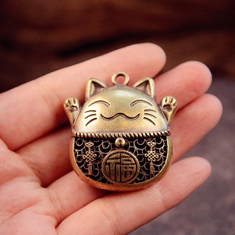 Brass Lucky Cats Charm For Wealth Home Office Decoration Travel Accessory Gift